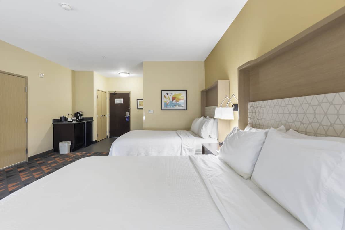 A hotel room with two beds, a desk, a trash bin, and a door.