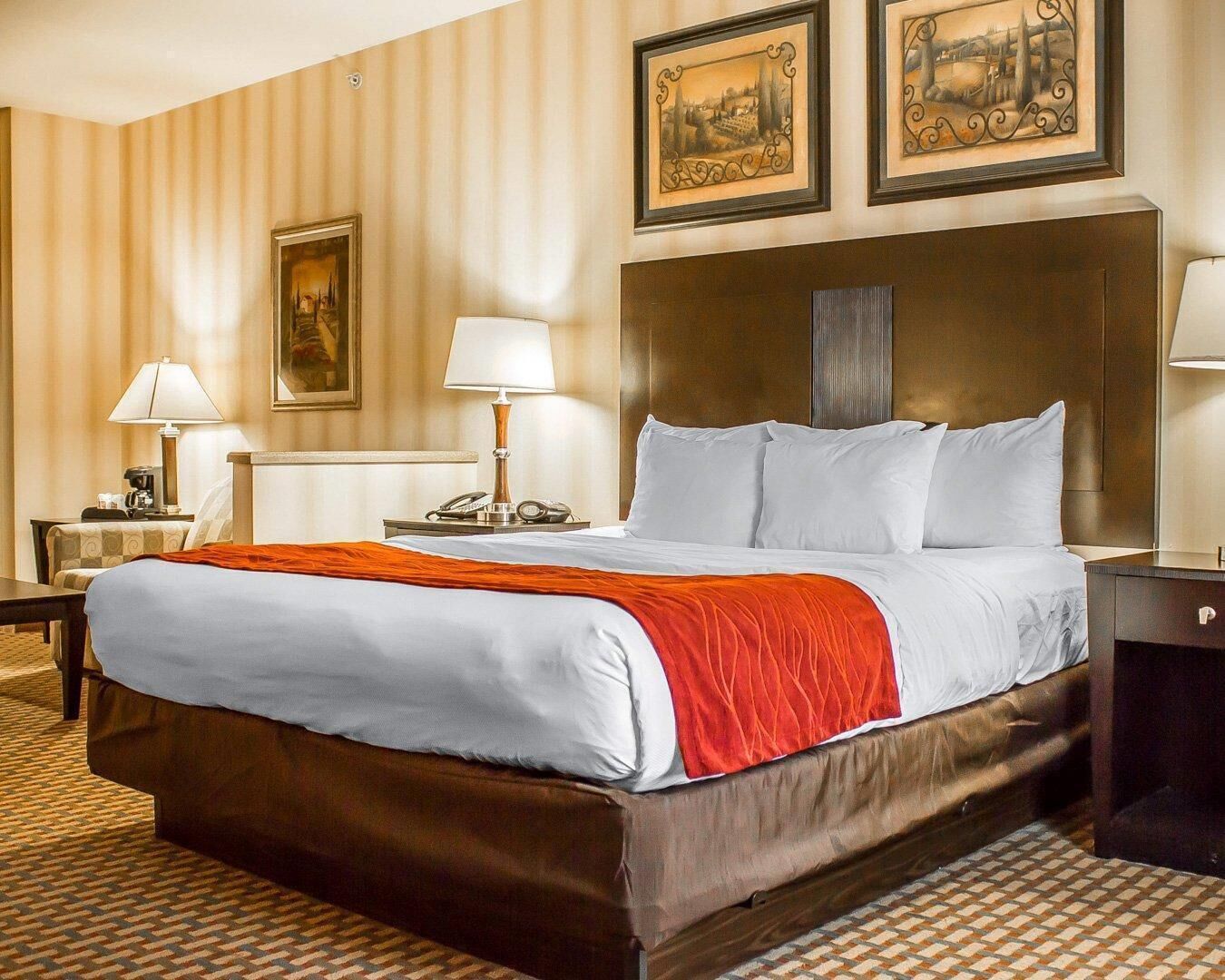 A hotel room with a large bed, two bedside tables, a nightstand, a lamp, a painting, and a patterned carpet.