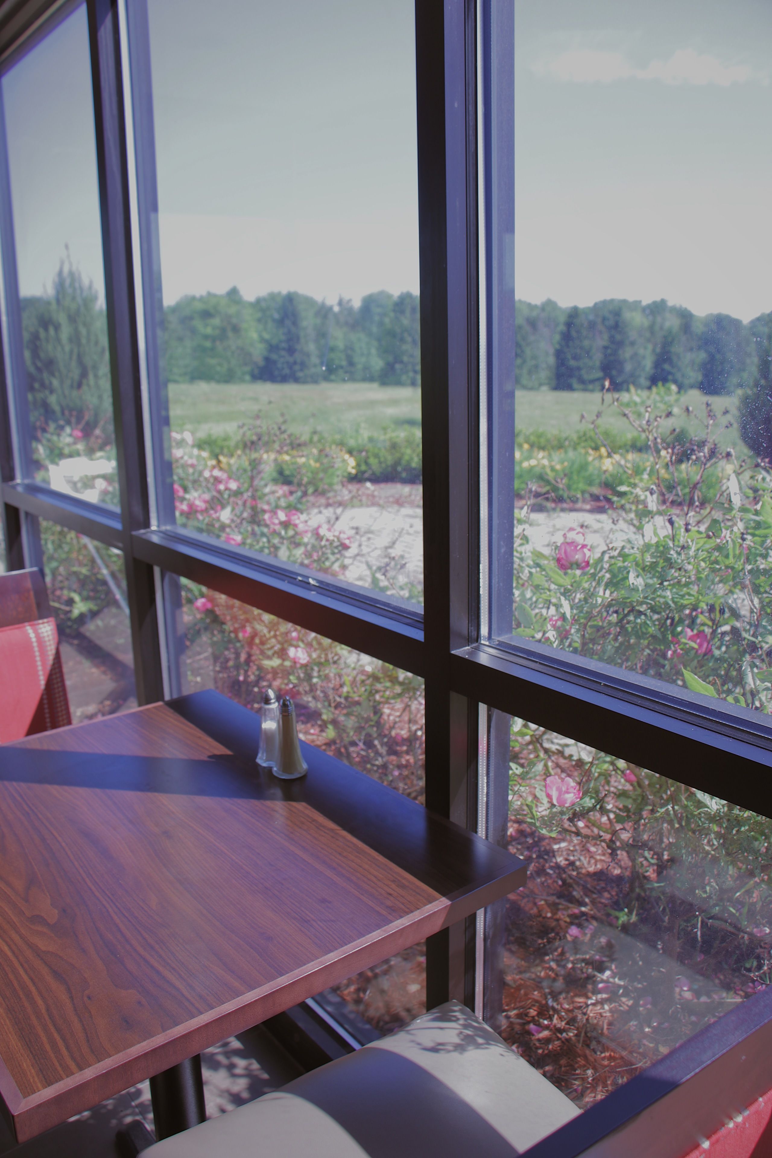 A wooden table with a salt shaker, a red chair, and a view of a garden through large windows.