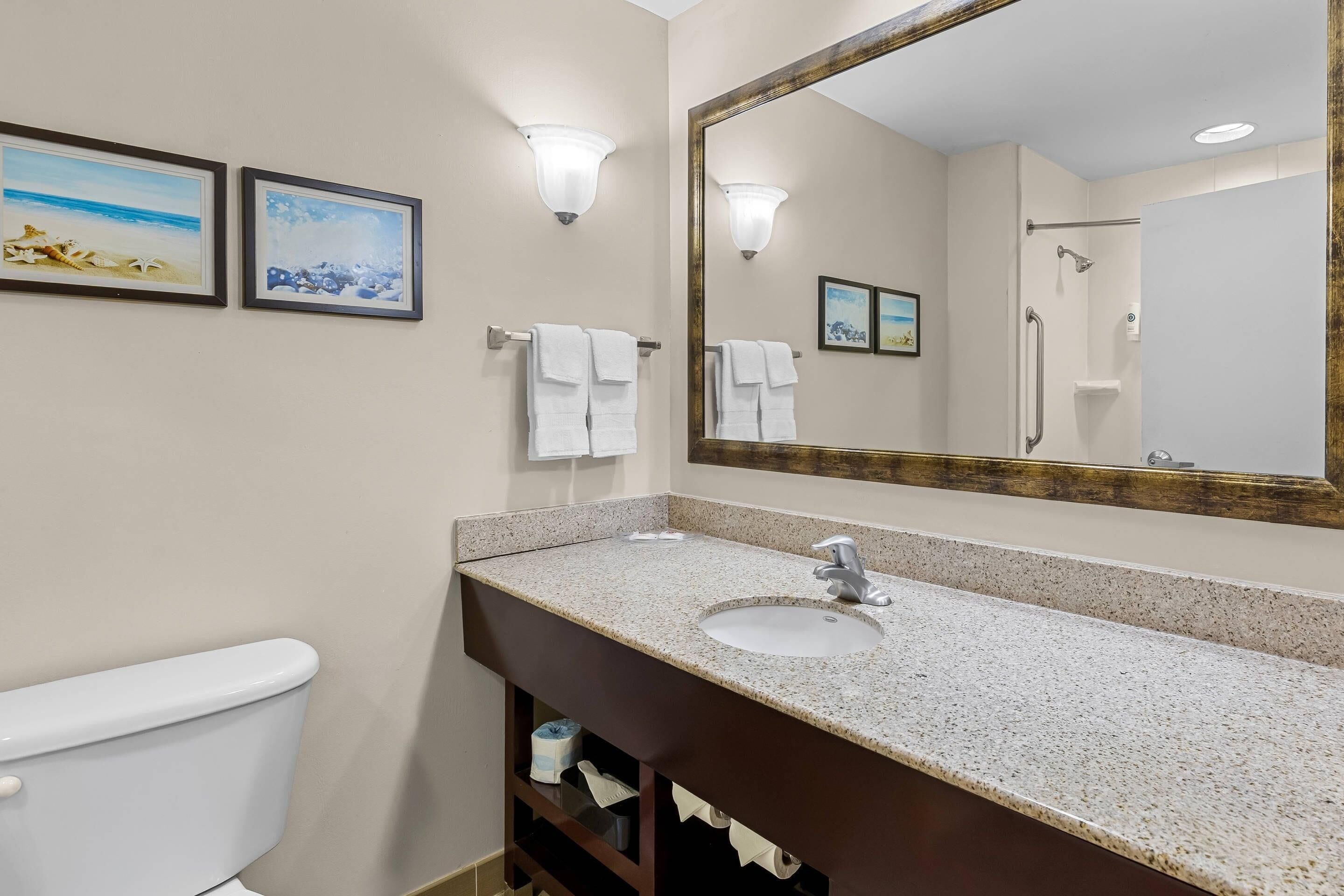 A bathroom with a sink, mirror, two framed pictures, and a toilet.