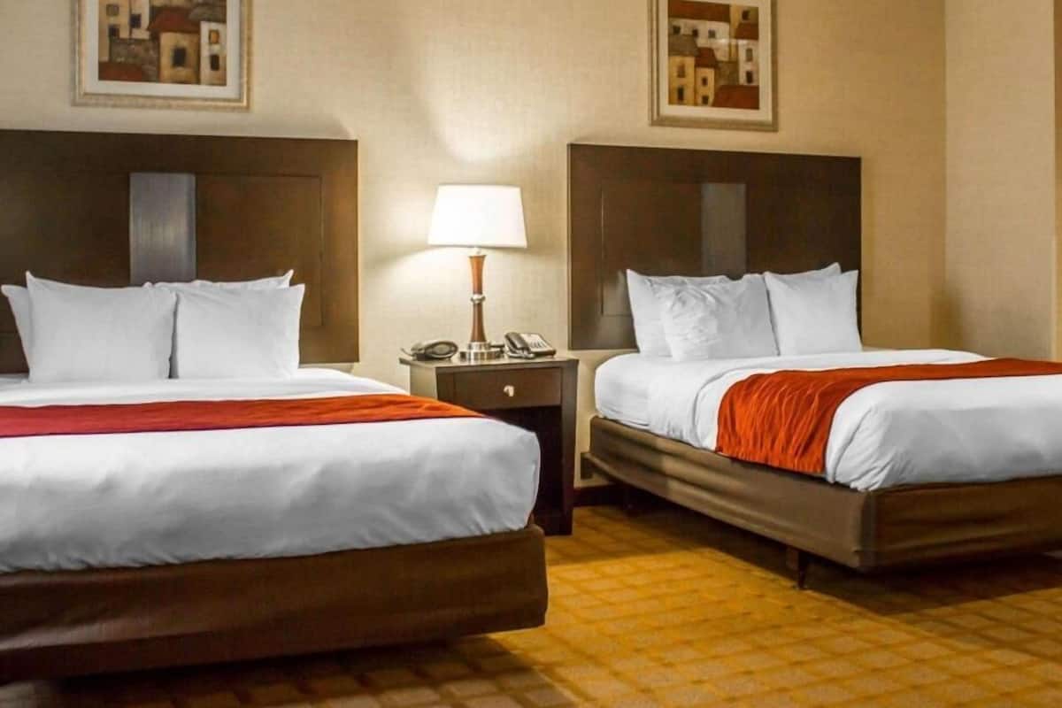 Two double beds with white linens and red throw blankets, a nightstand with a lamp, and two framed pictures on the wall.