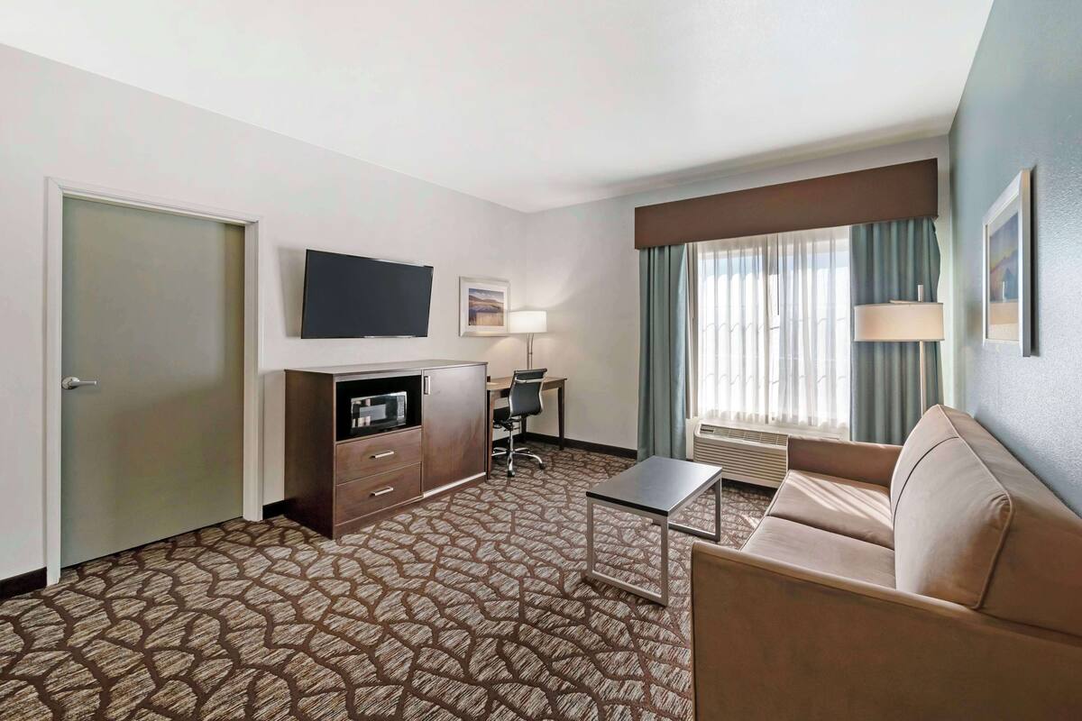 A hotel room with a patterned carpet, a sofa, a desk with a chair, a television, and a window with curtains.