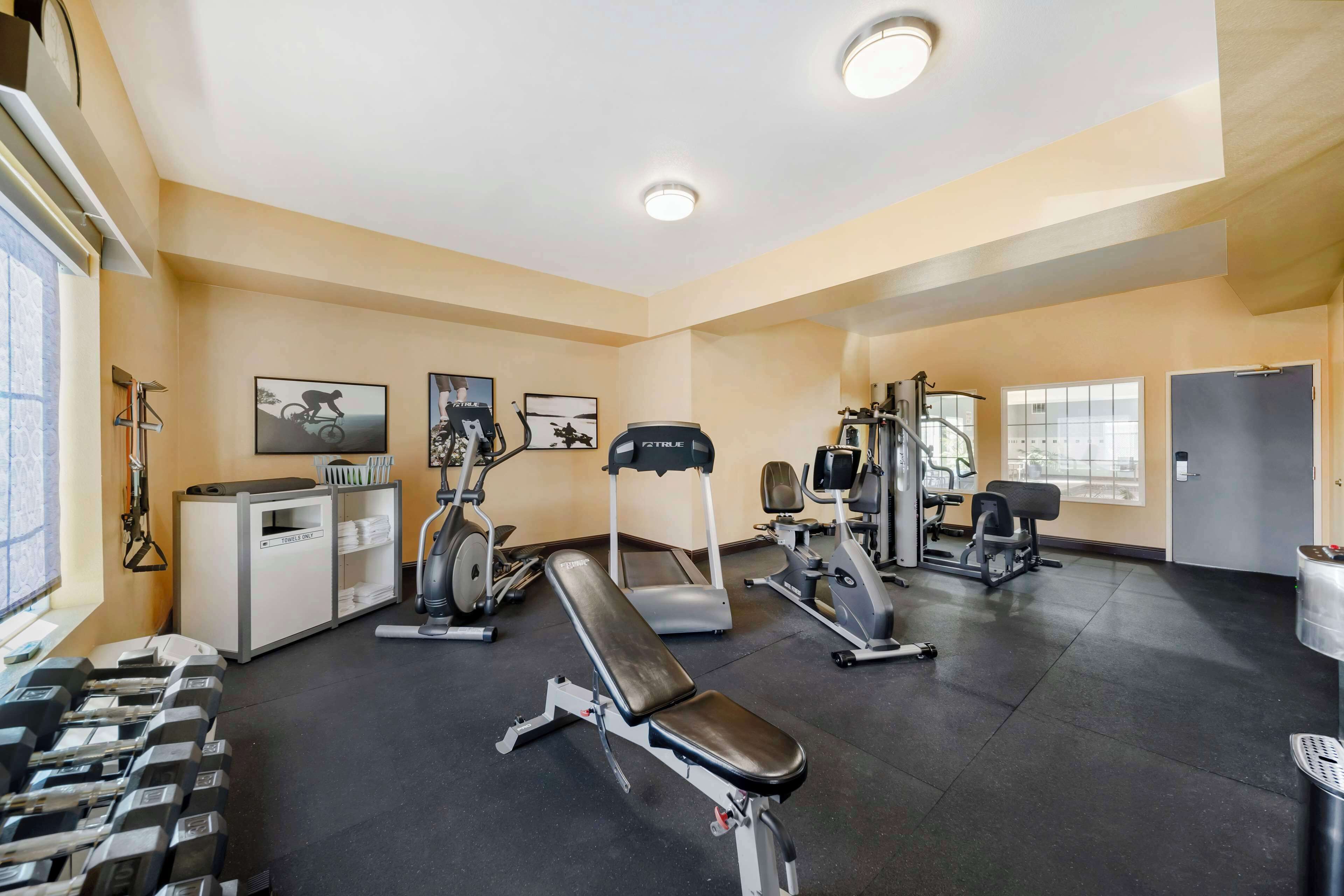 A gym with exercise equipment, a bench, and dumbbells.