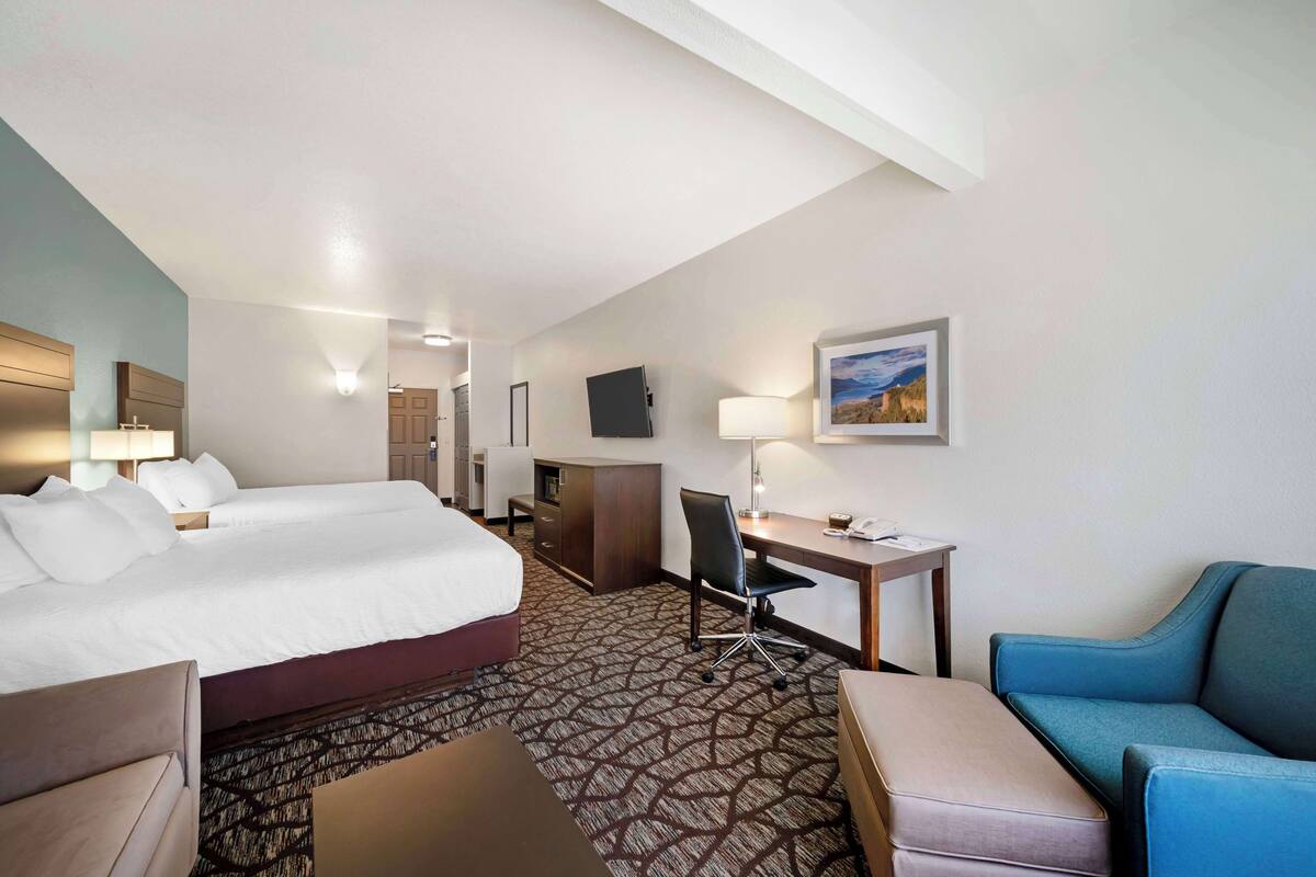 A hotel room with a large bed, a desk, a chair, and a couch.