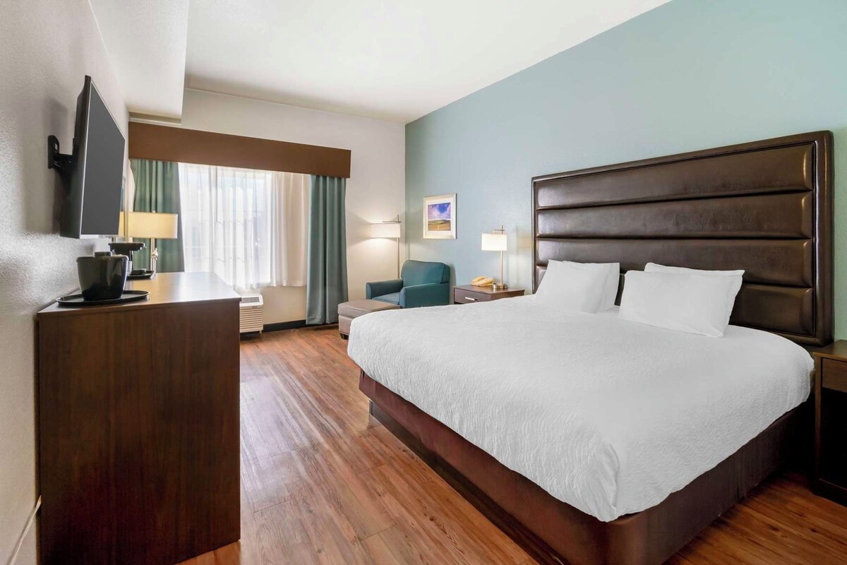 Una habitación de hotel con una cama grande, un escritorio, un televisor y un ventanal con cortinas.