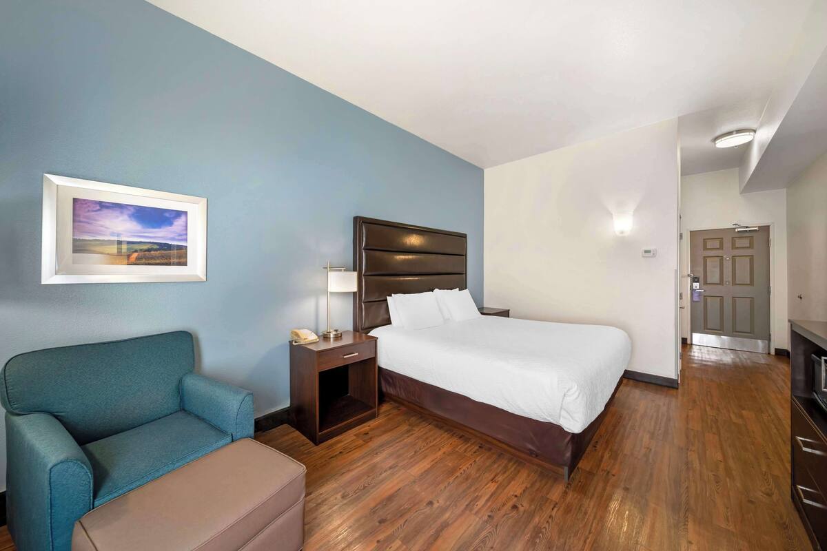Premium bedding, desk, laptop workspace, blackout curtains