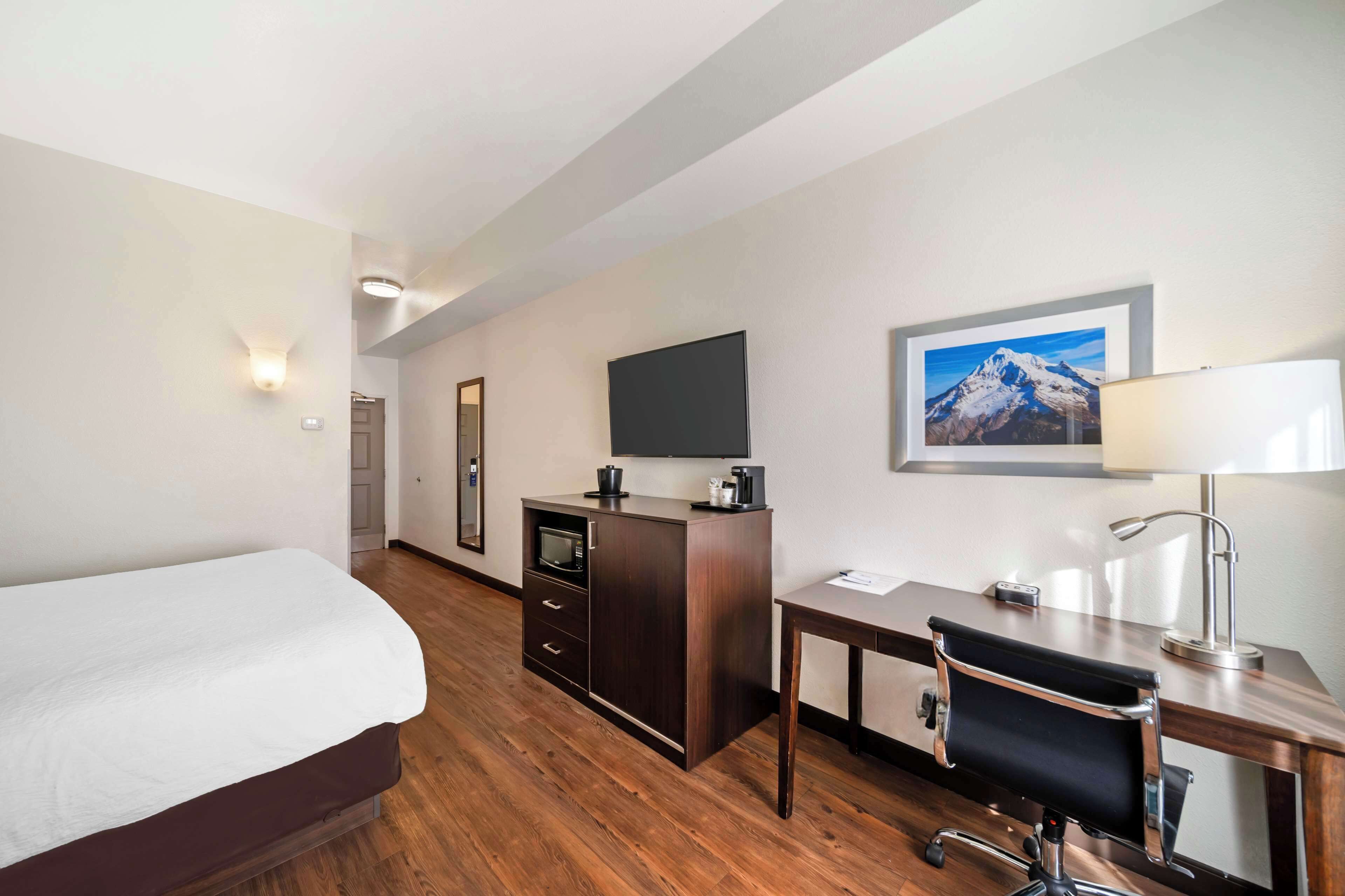 Une chambre d’hôtel comprenant un lit, un bureau, une chaise, une télévision, un tableau au mur et un meuble avec un four à micro-ondes.