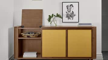 A wooden console with woven doors, a framed artwork, and a vase with leaves.