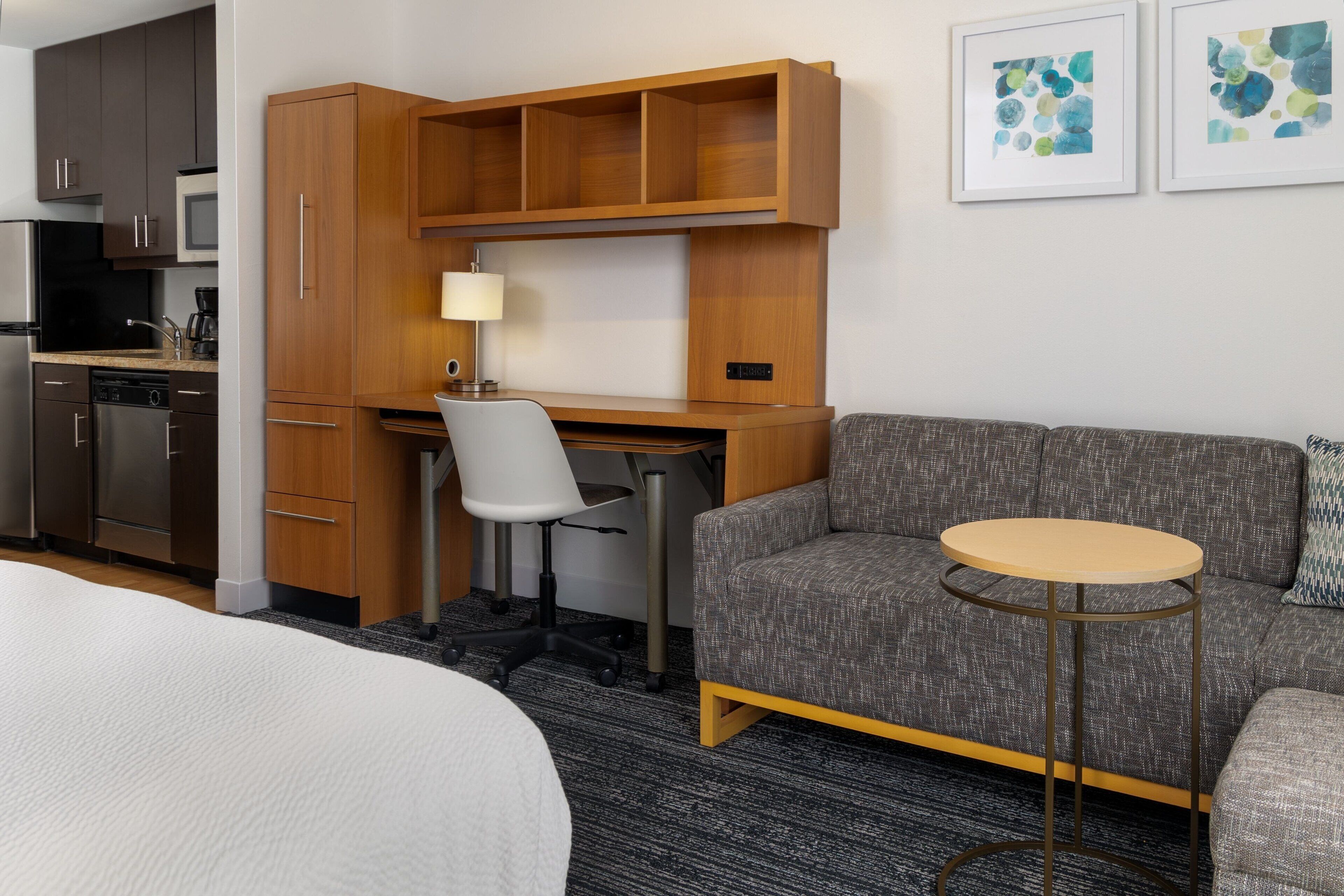 premium bedding, pillow-top beds, desk, blackout curtains