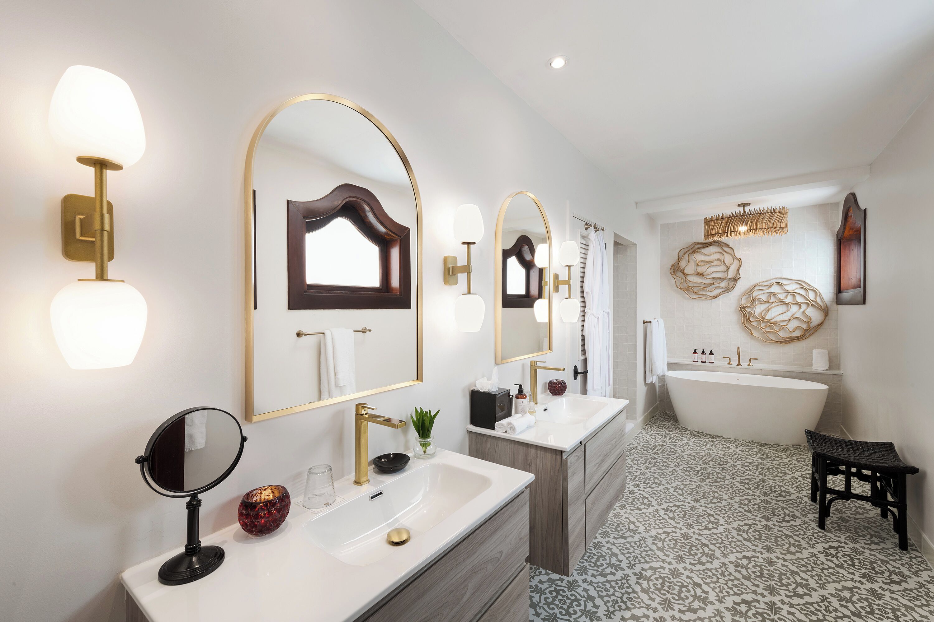 designer toiletries, hair dryer, bathrobes, towels