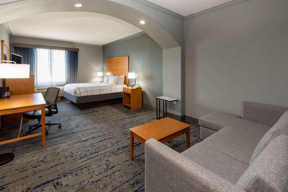 A hotel room with a bed, a desk, a chair, a sofa, and a small table.