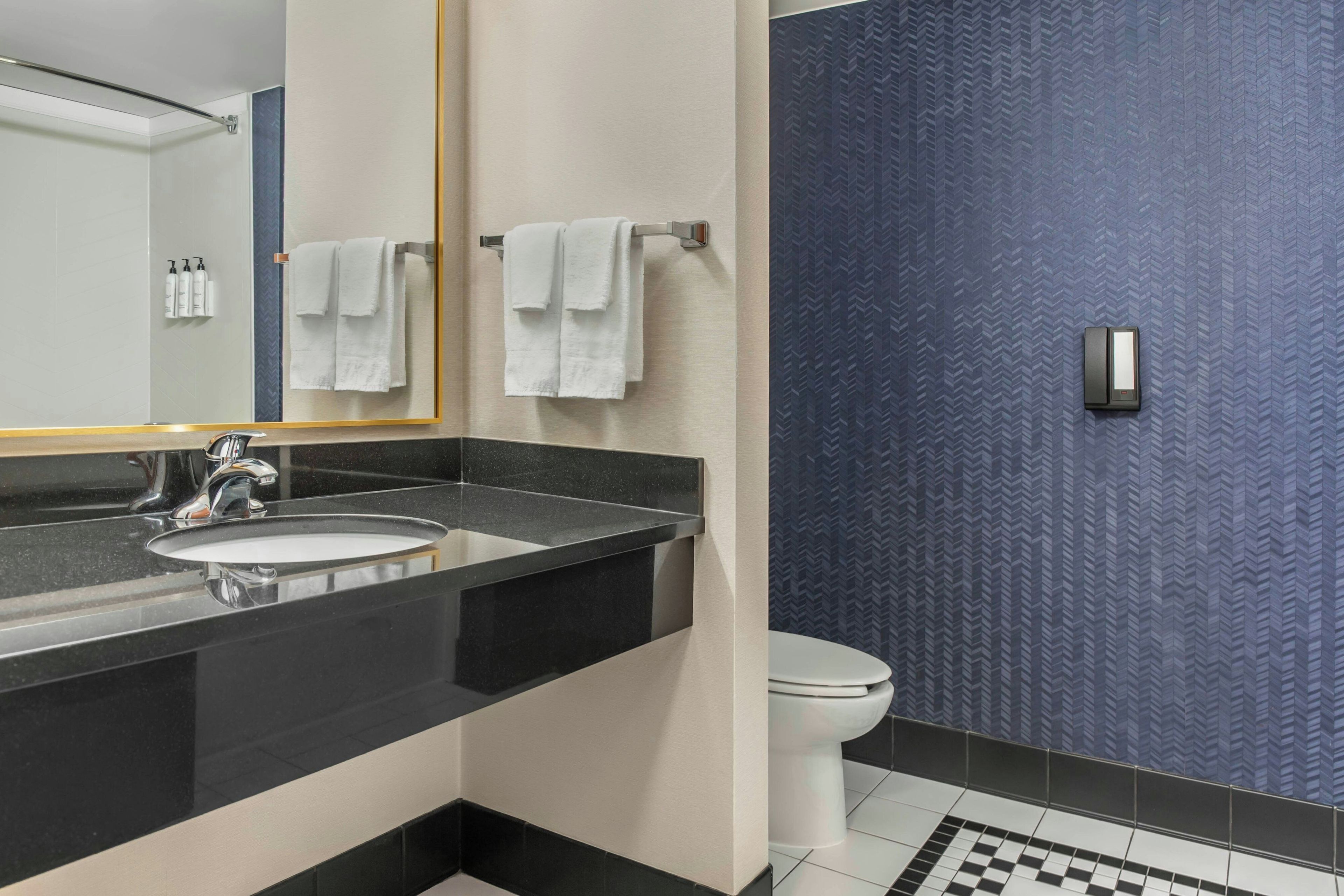 Een moderne badkamer met een zwart aanrechtblad, een wastafel, een spiegel en een wit toilet.