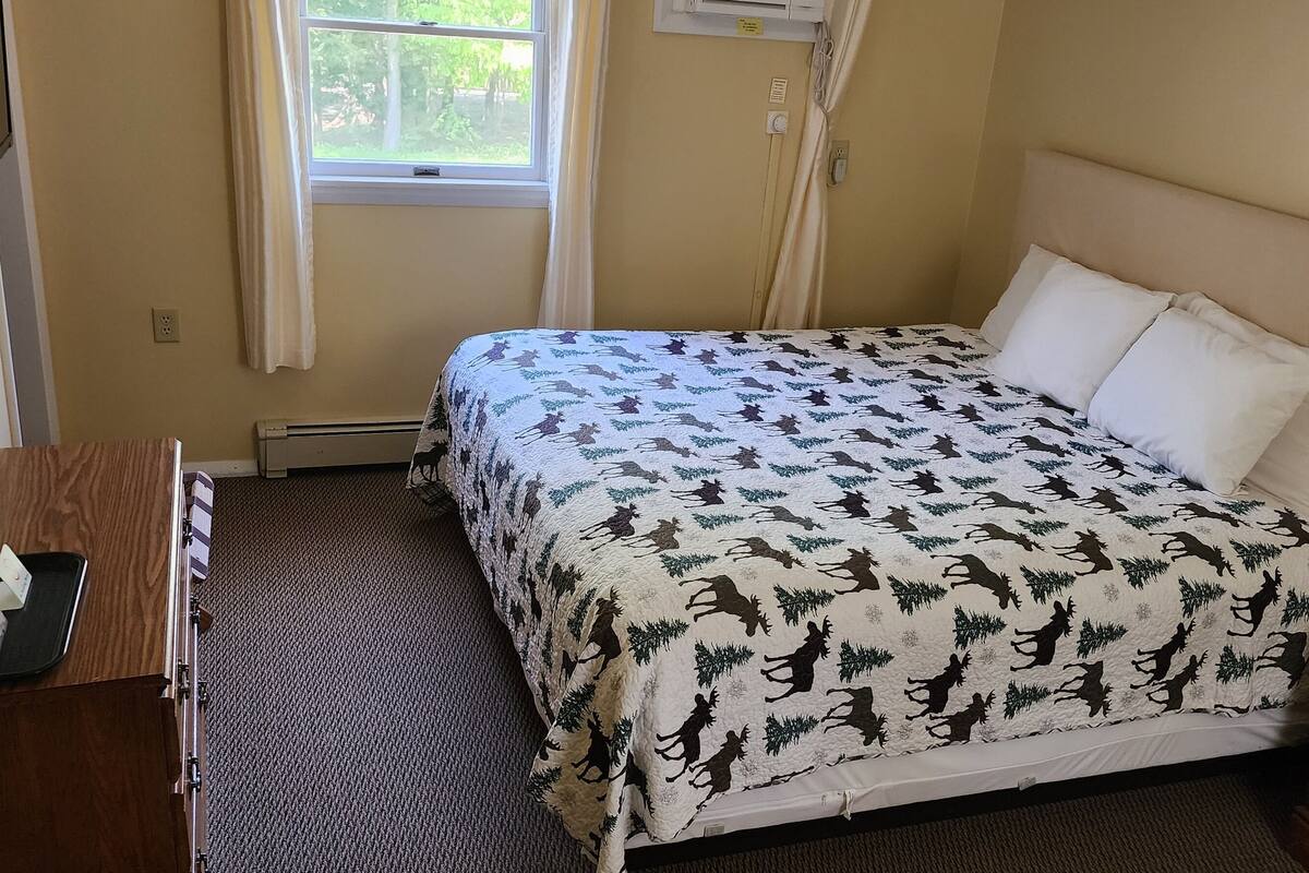 A bedroom with a bed, bedside table, and a window with curtains.