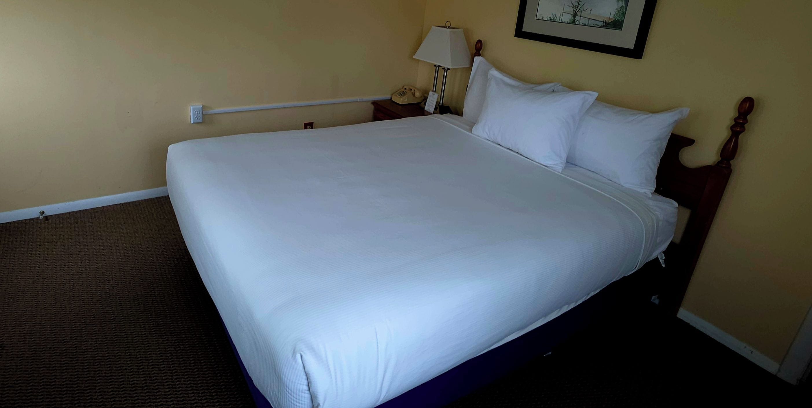 A standard hotel room with a single bed, a nightstand, a lamp, and a wall-mounted telephone.