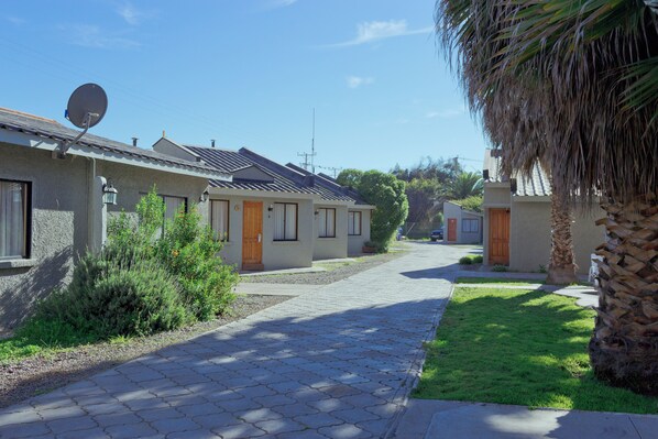 A residential street with houses, paved sidewalks, and a palm tree. - Hotel y Cabañas Campanario (La Serena)