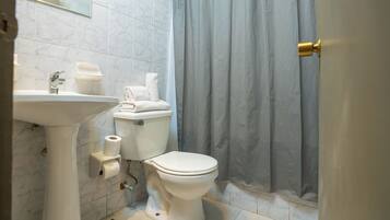A bathroom with a toilet, sink, and shower curtain.