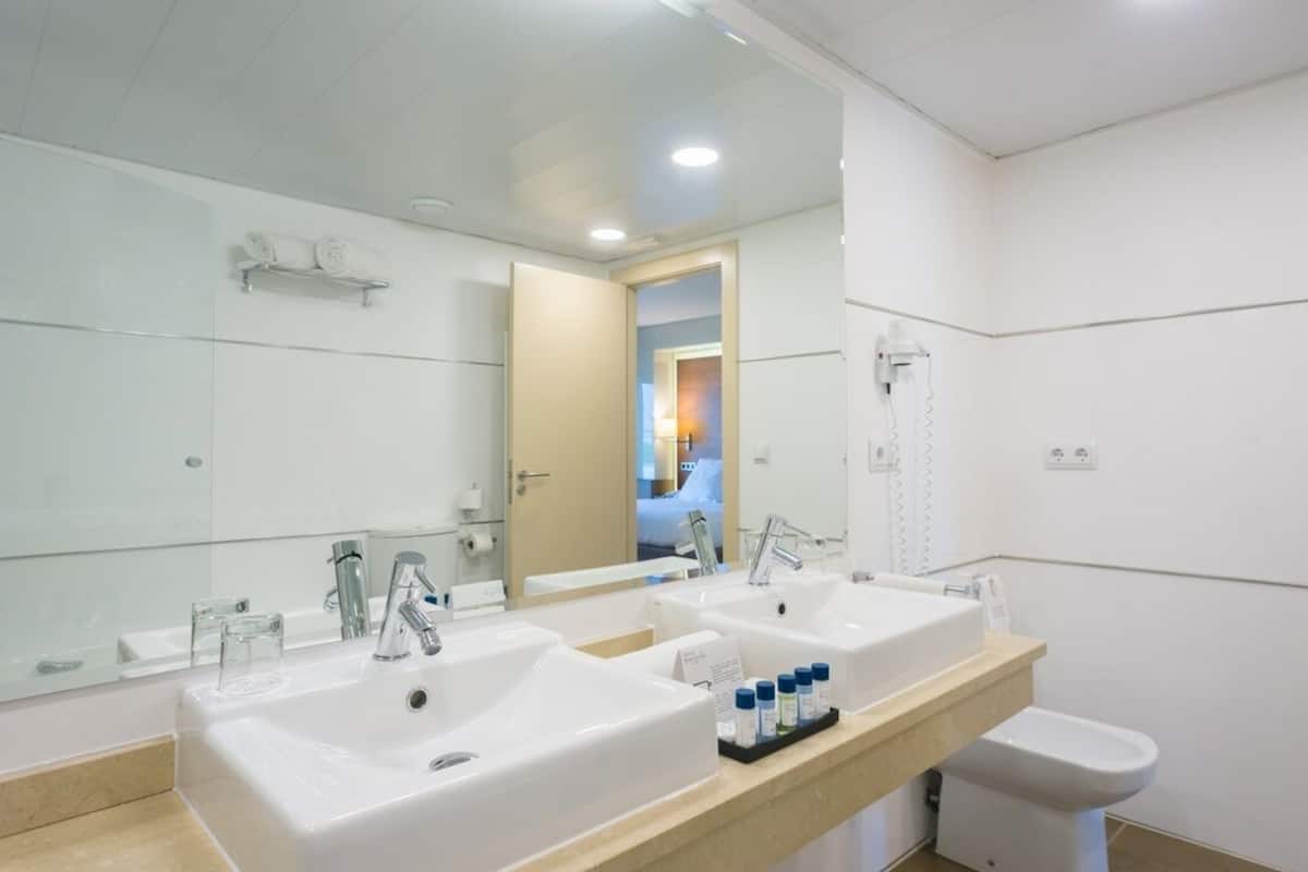 bathtub, hair dryer, bidet, towels