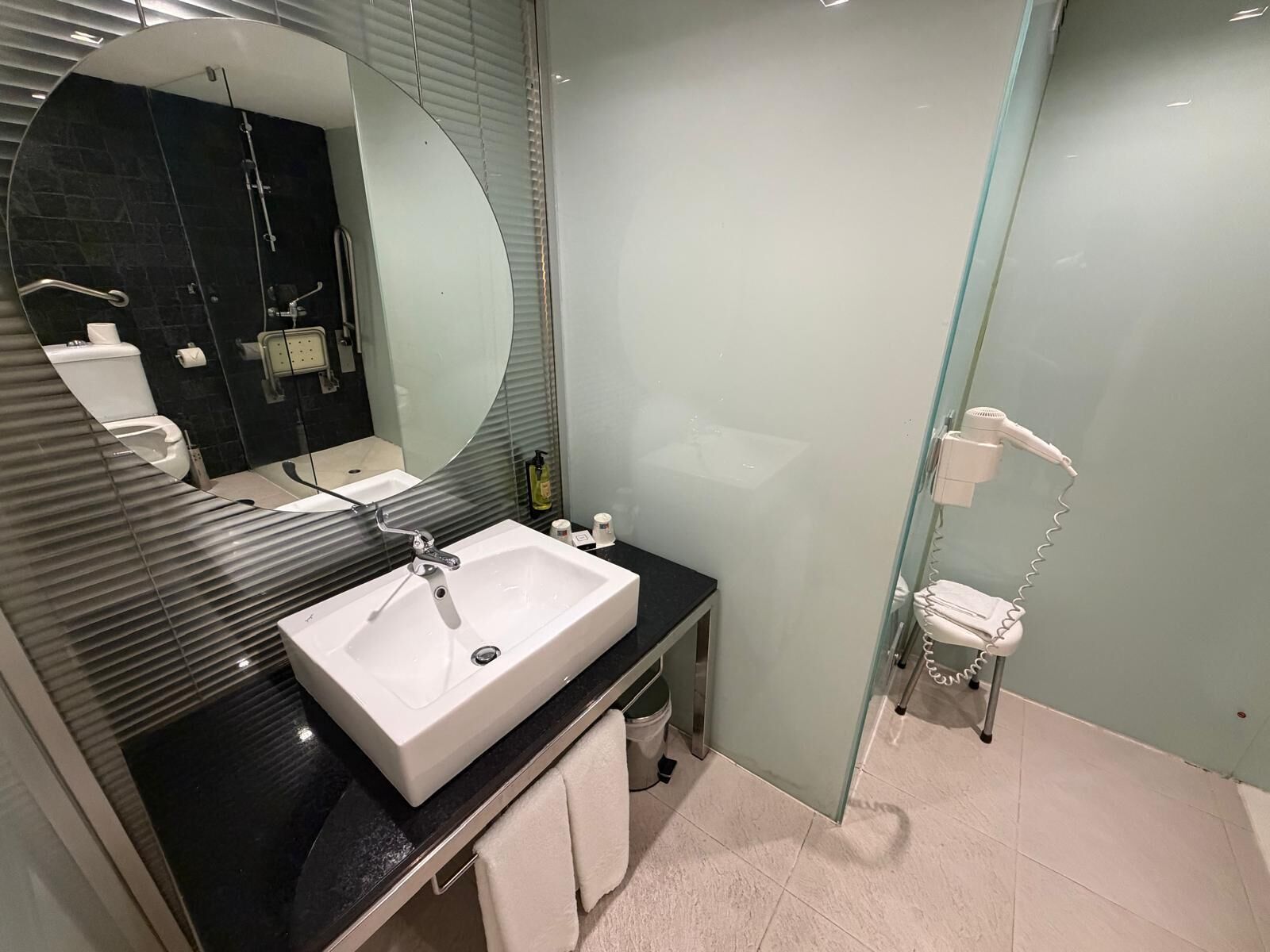 Une salle de bain moderne avec un grand miroir, un lavabo blanc et une douche séparée par une paroi de verre.