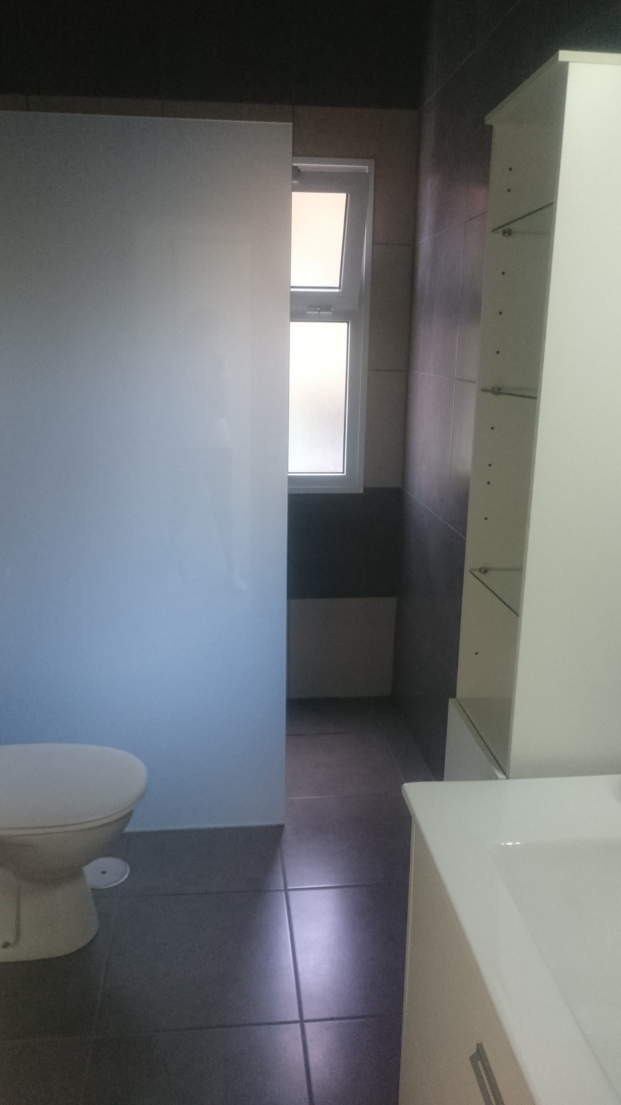 Een badkamer met een toilet, een raam en een kast.