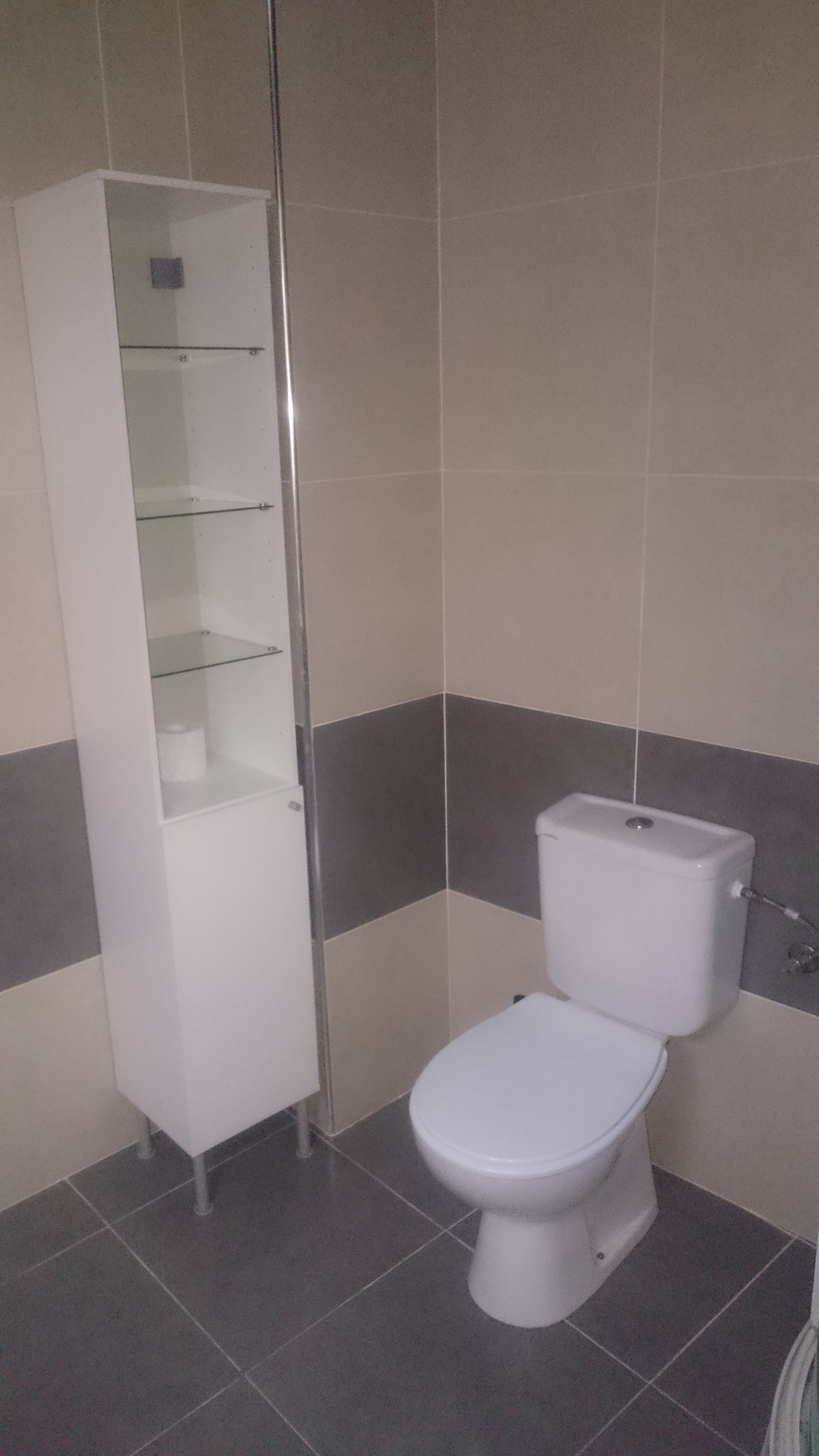 Een badkamer met toilet, een glazen schap en betegelde wanden.