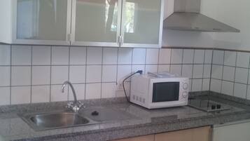 Een keuken met een dubbele spoelbak, een magnetron en kastjes.