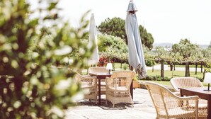 An outdoor patio with wicker furniture and umbrellas, set against a backdrop of greenery and a vineyard. - Quinta Do Monteverde (Viana do Castelo)