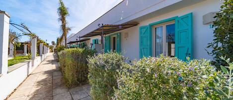 A pathway leading to a building with turquoise shutters and a white facade.