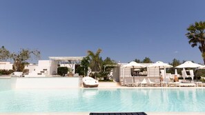 Seasonal outdoor pool, pool umbrellas, sun loungers