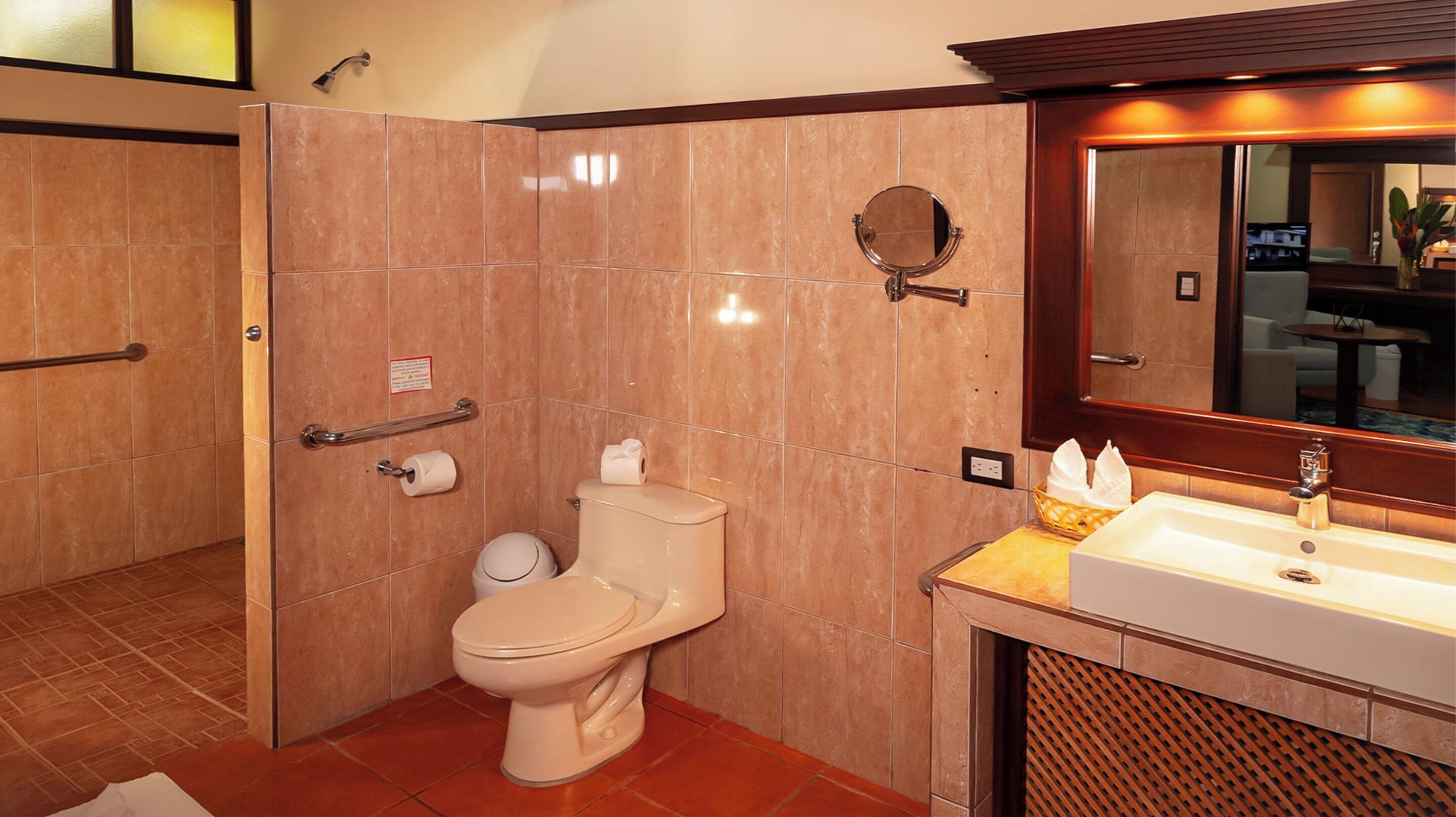 A bathroom with a toilet, a handrail, a mirror, and a sink.