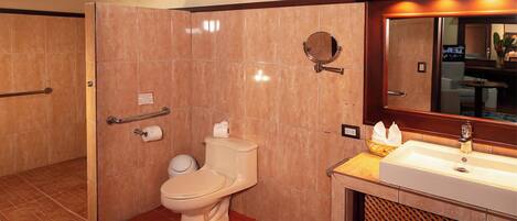 A bathroom with a toilet, a handrail, a mirror, and a sink.