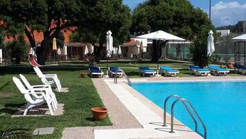 Seasonal outdoor pool, pool umbrellas, pool loungers