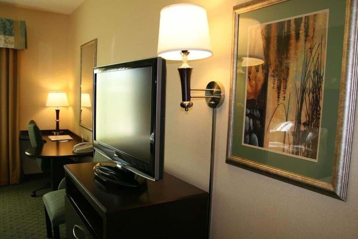 A hotel room with a flat-screen TV on a wooden desk, a lamp, a framed picture on the wall, and a chair.