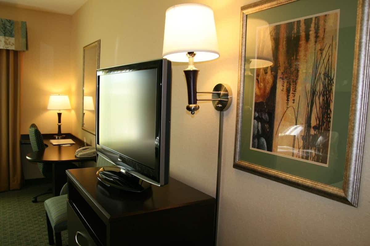 A hotel room with a flat-screen TV on a wooden desk, a lamp, a framed picture on the wall, and a chair.