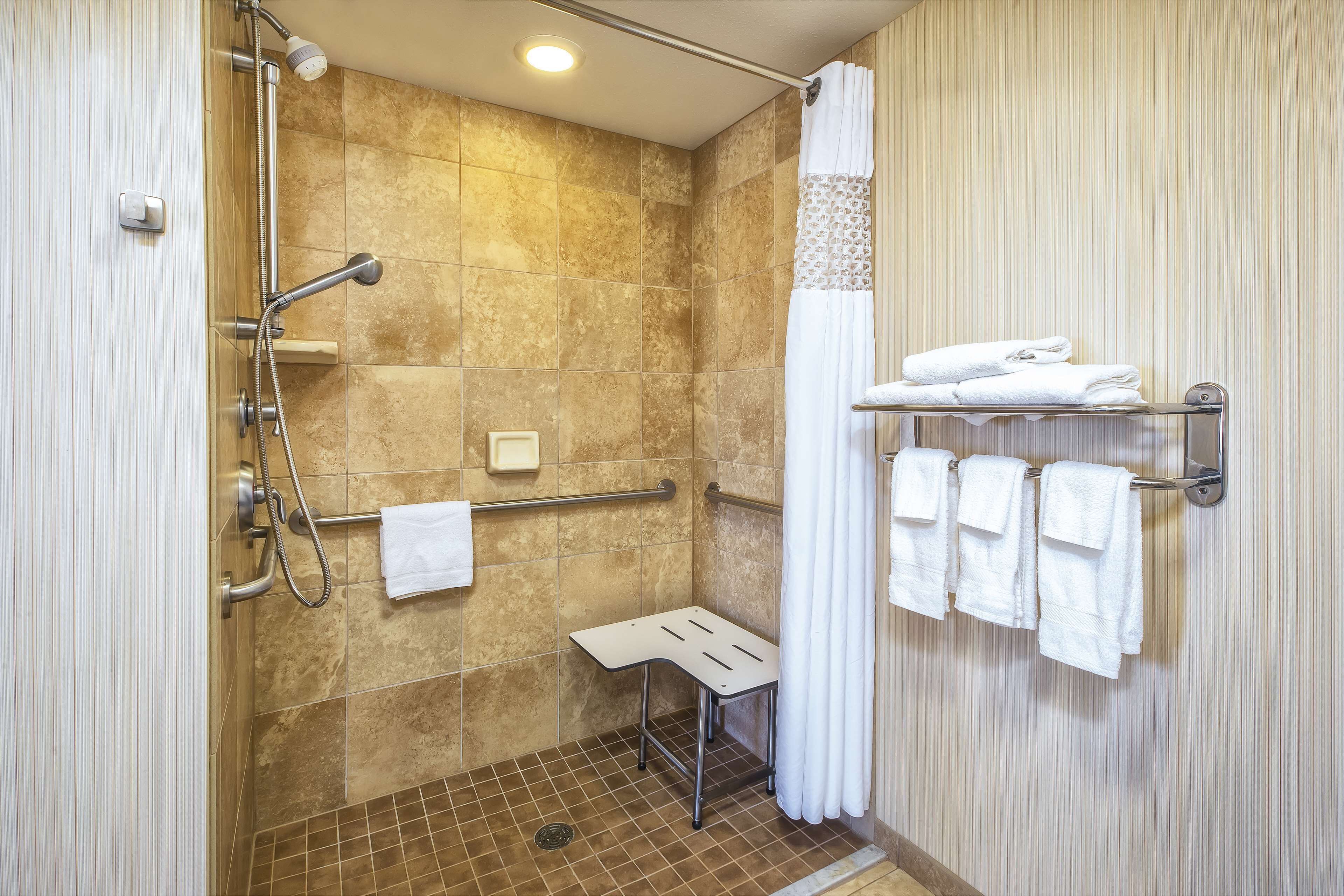 combined shower/bathtub, free toiletries, hair dryer, towels