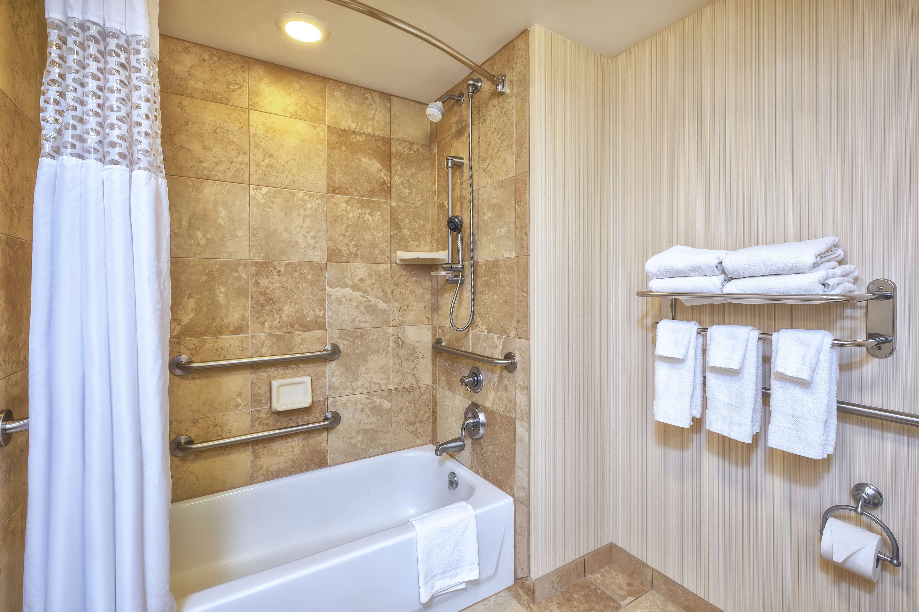 combined shower/bathtub, free toiletries, hair dryer, towels