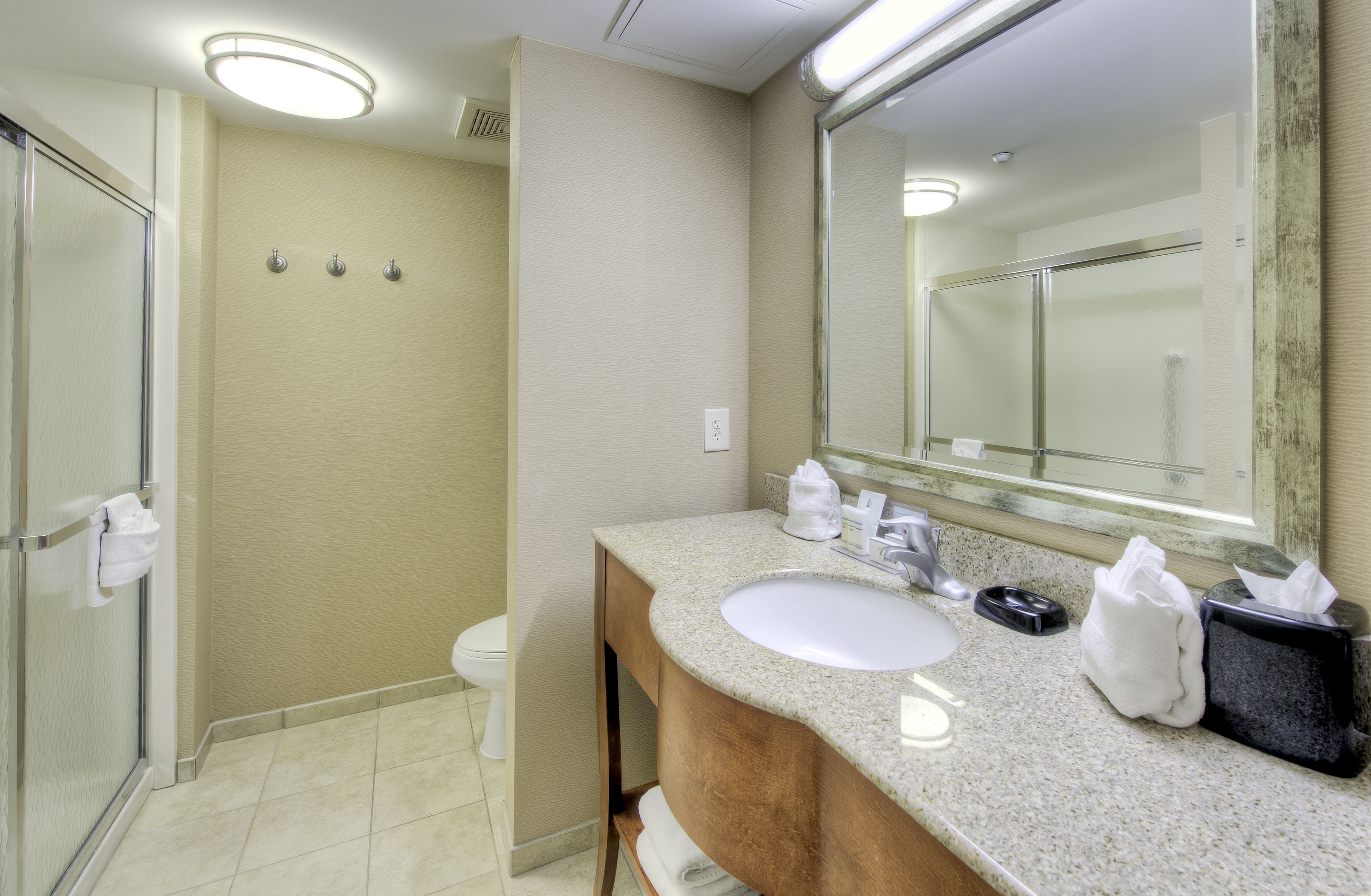 combined shower/bathtub, free toiletries, hair dryer, towels