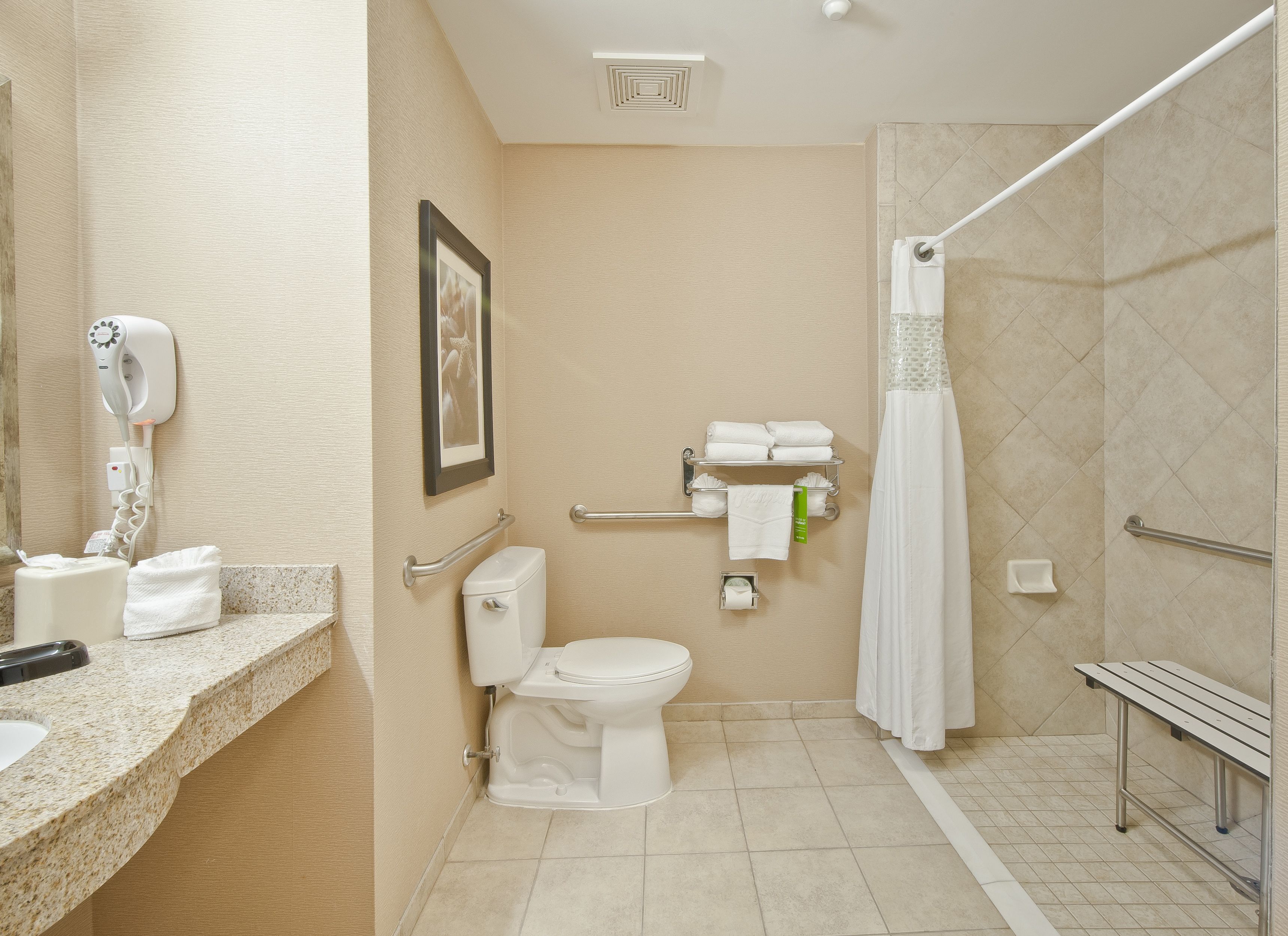 combined shower/bathtub, free toiletries, hair dryer, towels
