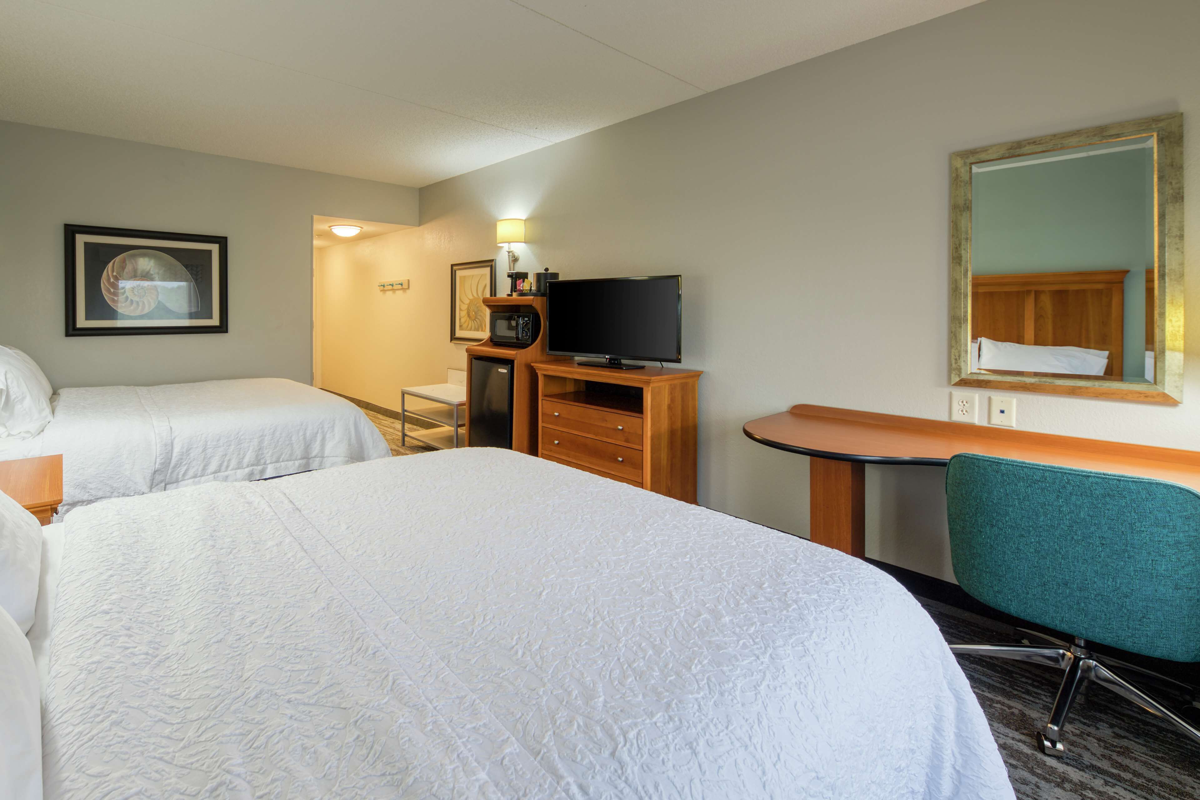 A hotel room with two beds, a desk with a chair, a television, and a mirror.