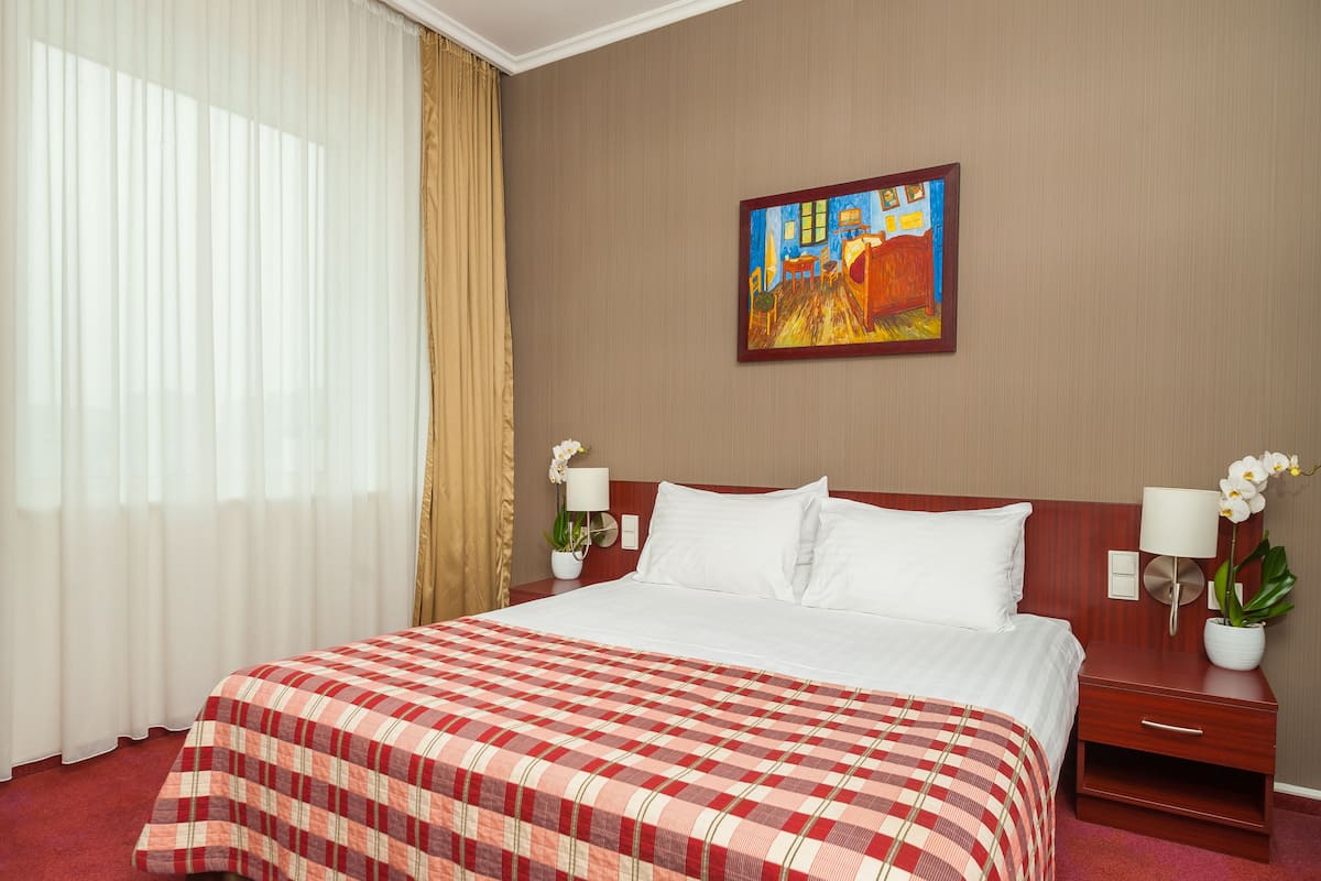 Une chambre d’hôtel avec un grand lit, un tableau au mur et une fenêtre avec des rideaux.
