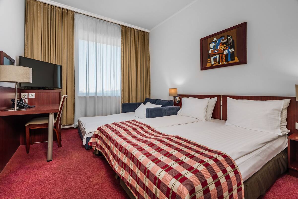 Une chambre d’hôtel avec un lit, un bureau avec une télévision, une chaise, une lampe et un tableau au mur.