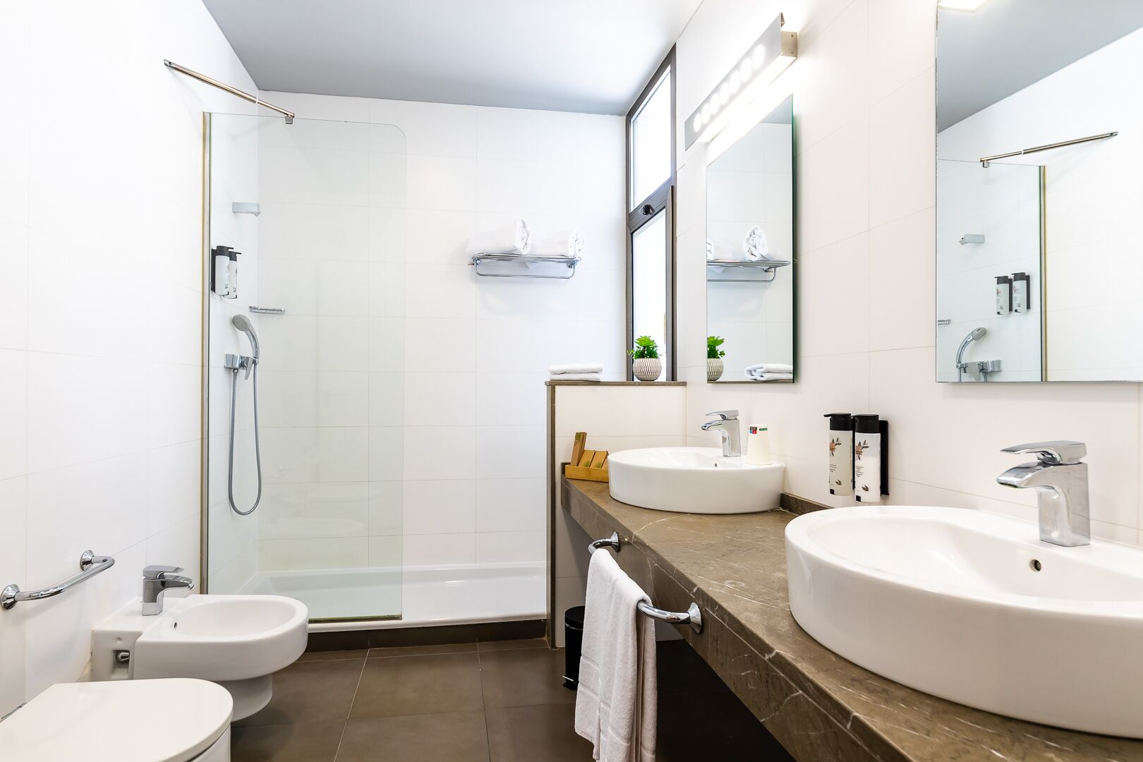 combined shower/bathtub, free toiletries, hair dryer, bidet