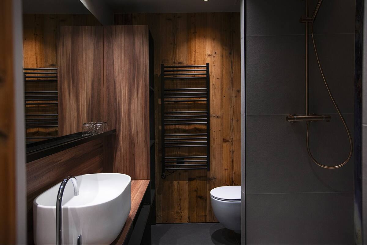 shower, hair dryer, bathrobes, slippers