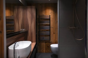 Shower, hair dryer, bathrobes, slippers