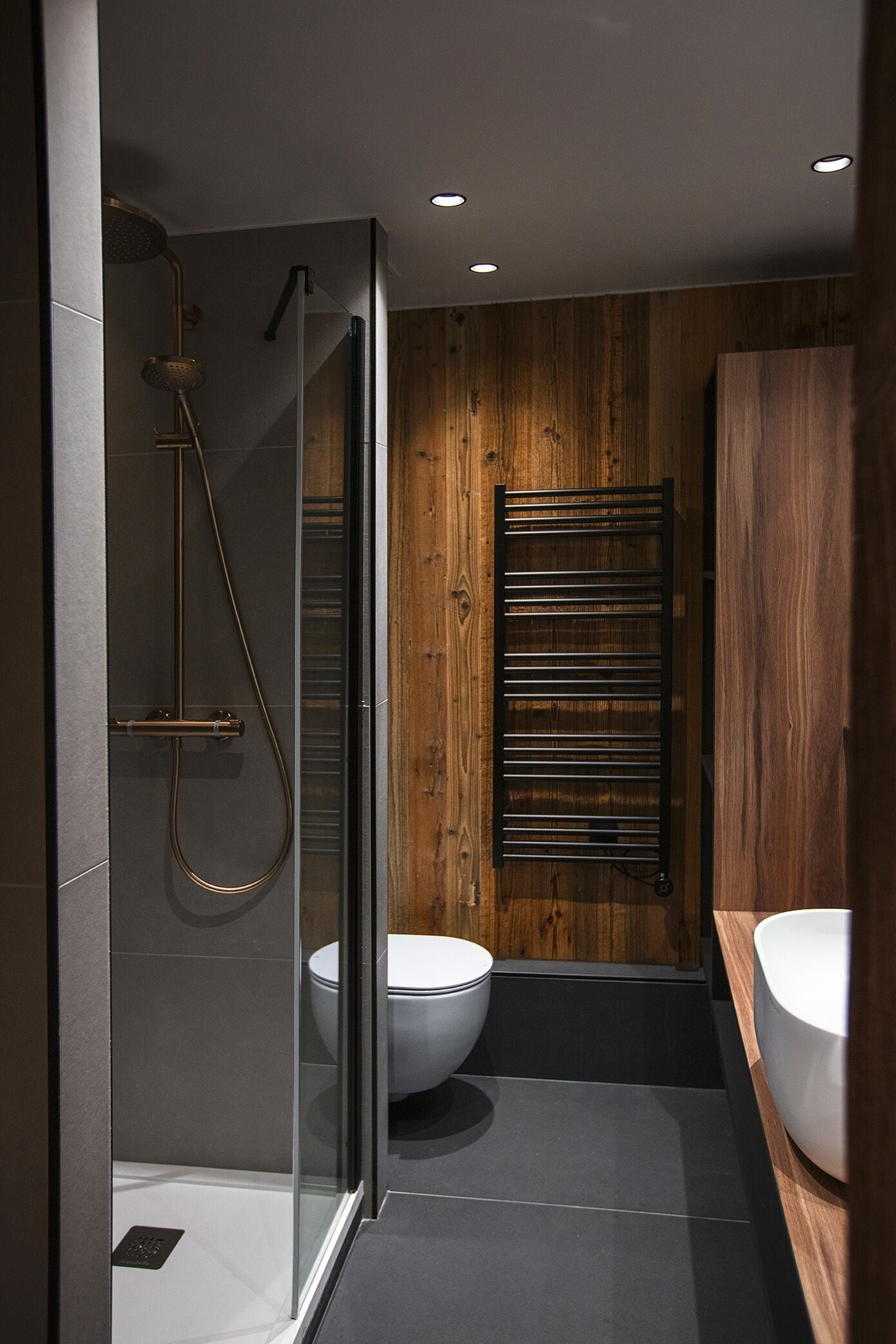 Une salle de bain moderne avec une douche à parois de verre, un mur en bois et un sol noir.