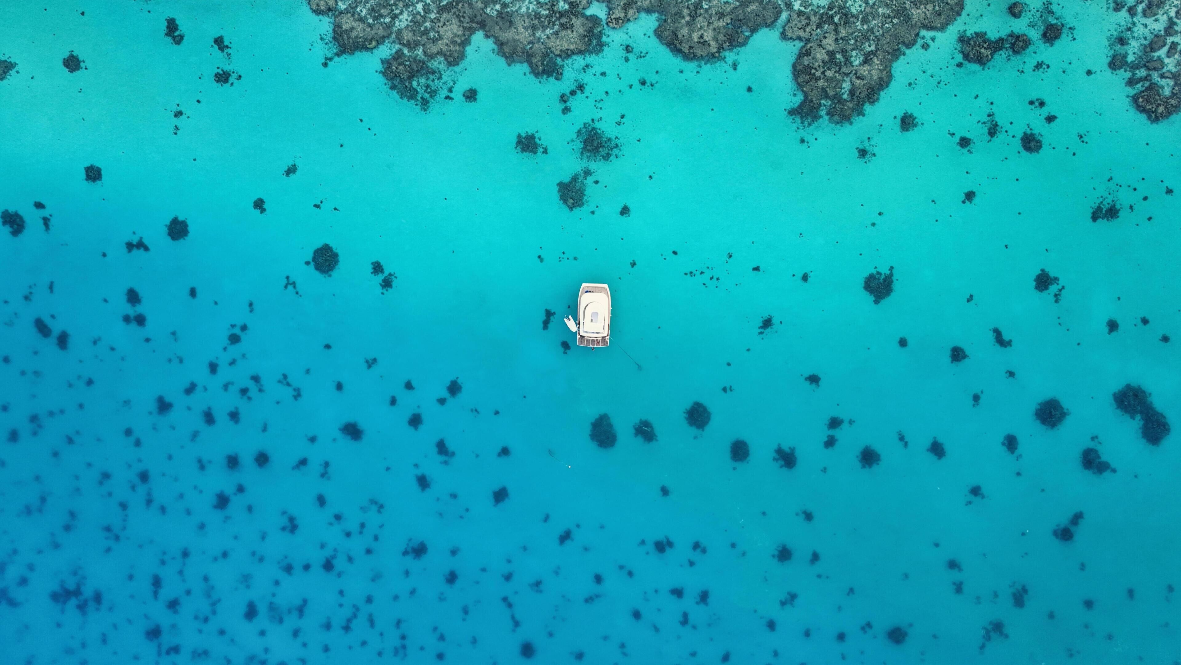 An aerial view of a boat on clear turquoise water with scattered coral formations.