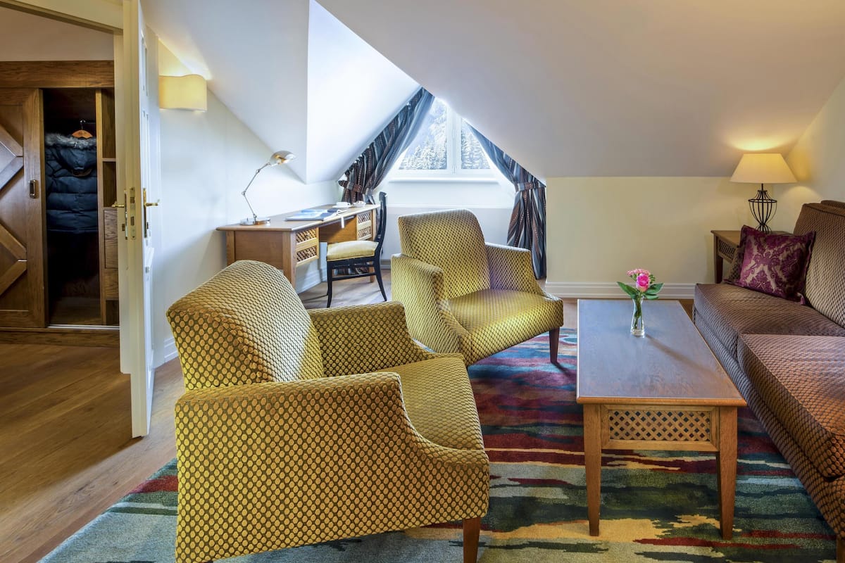 Deluxe Suite, 1 Bedroom, Bathtub, Lake View (Deluxe Attic Suite) | Living area | Flat-screen TV, pay movies, heated floors