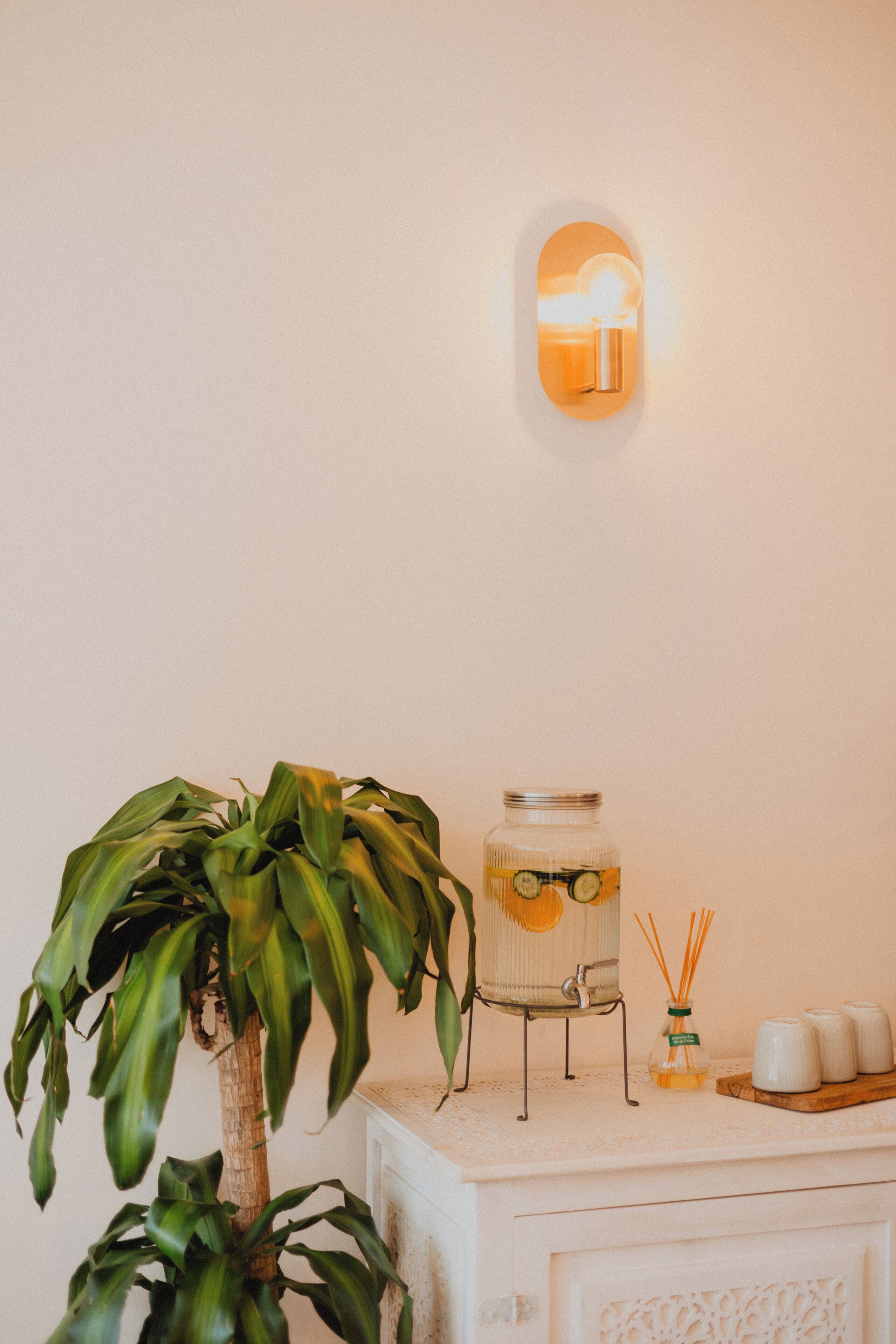 Un meuble blanc orné d’une plante, d’un bocal en verre et d’un luminaire fixé au mur.