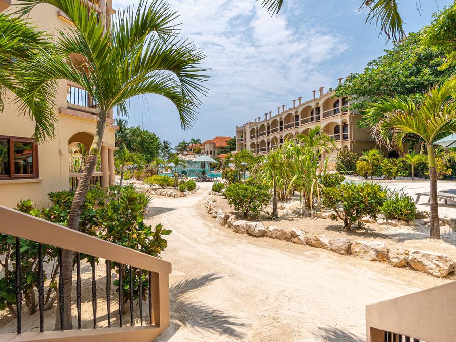 A resort with a sandy pathway, palm trees, and a pool area.