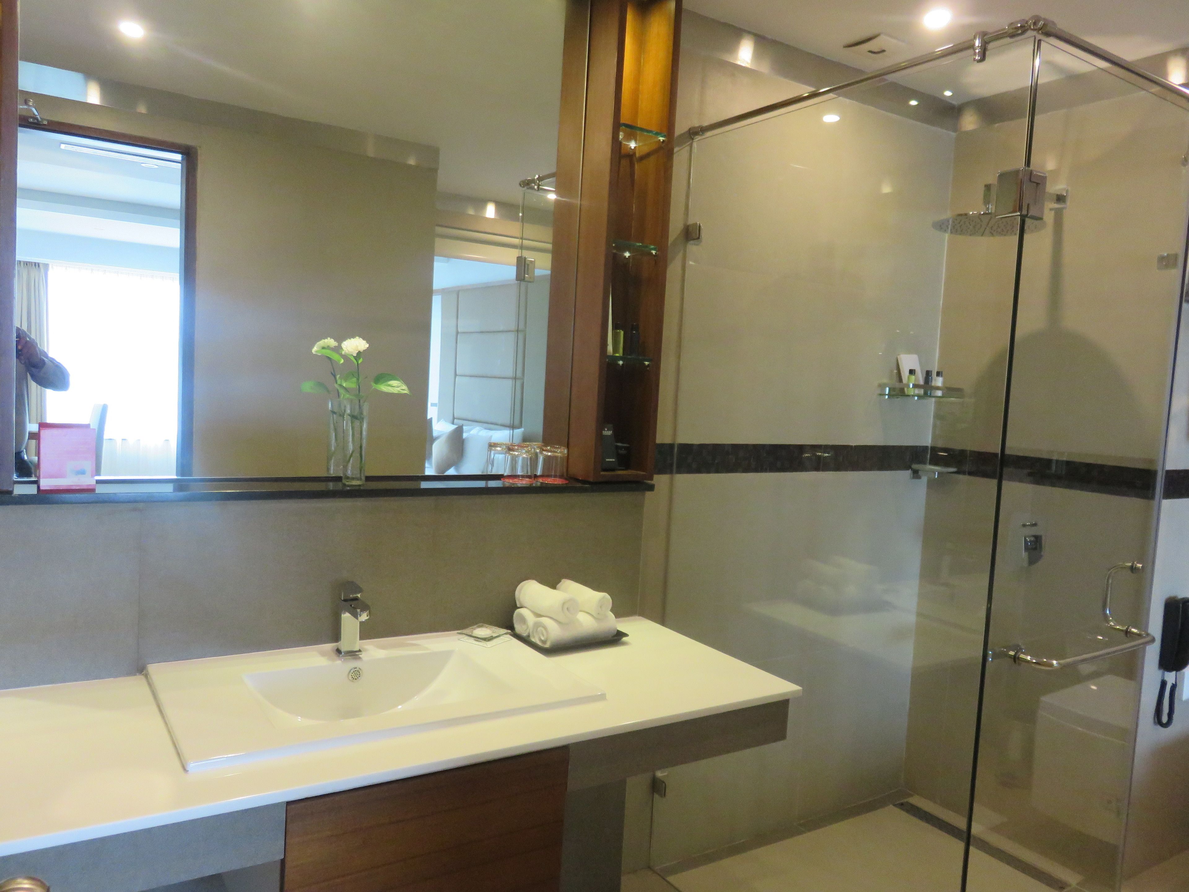 A modern bathroom with a glass-enclosed shower, a white sink, and a mirror above it.
