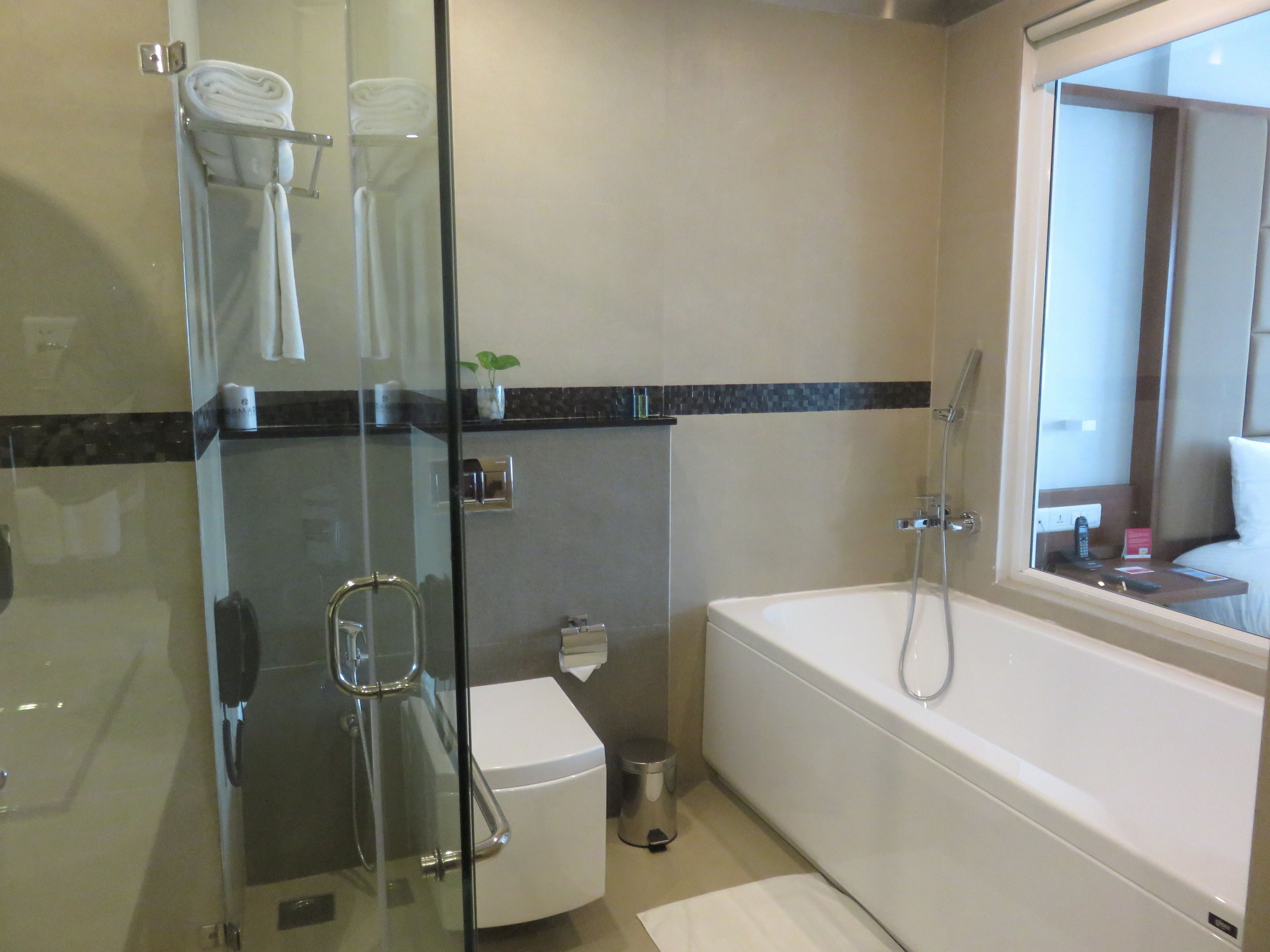 A modern bathroom with a glass-enclosed shower, a white bathtub, and a toilet.